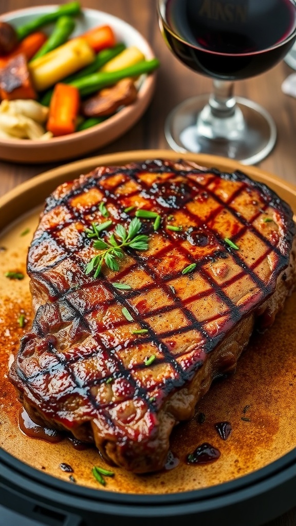 Juicy thin ribeye steak cooked in an air fryer, garnished with herbs, served with roasted vegetables on a wooden table.